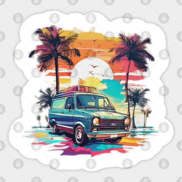 Van with palm trees on the beach Sticker by JnS Merch Store